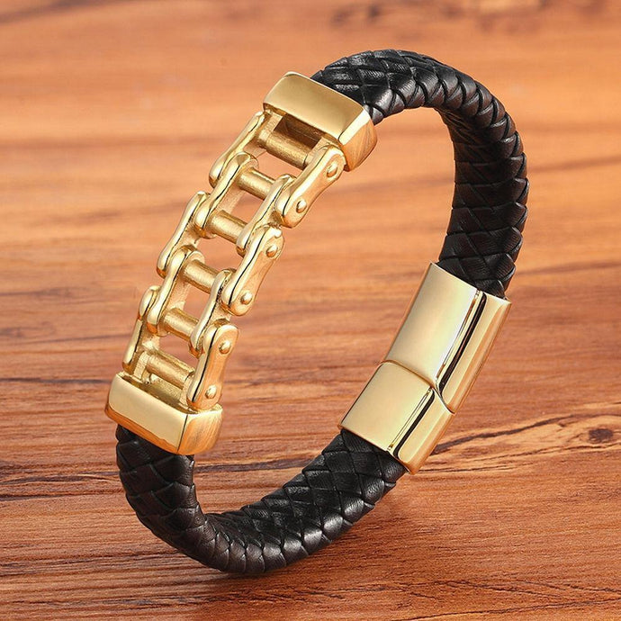 Bicycle Chain Stainless Steel Leather Bracelet - Bicycle Bits