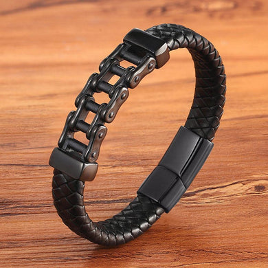 Bicycle Chain Stainless Steel Leather Bracelet - Bicycle Bits